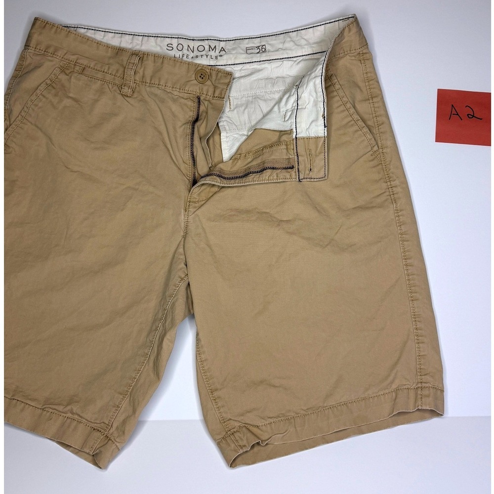 Sonoma Life Style Mens Tan Khaki Flat Front Chino Shorts Size 36 Casual Cotton